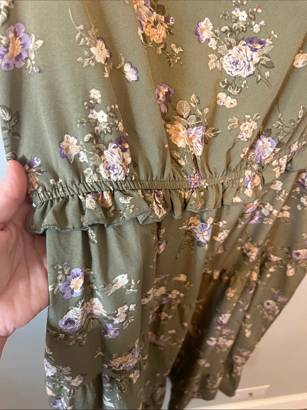 Cottagecore Olive Green Floral V-Neck Midi Dress - Picture 2 of 4